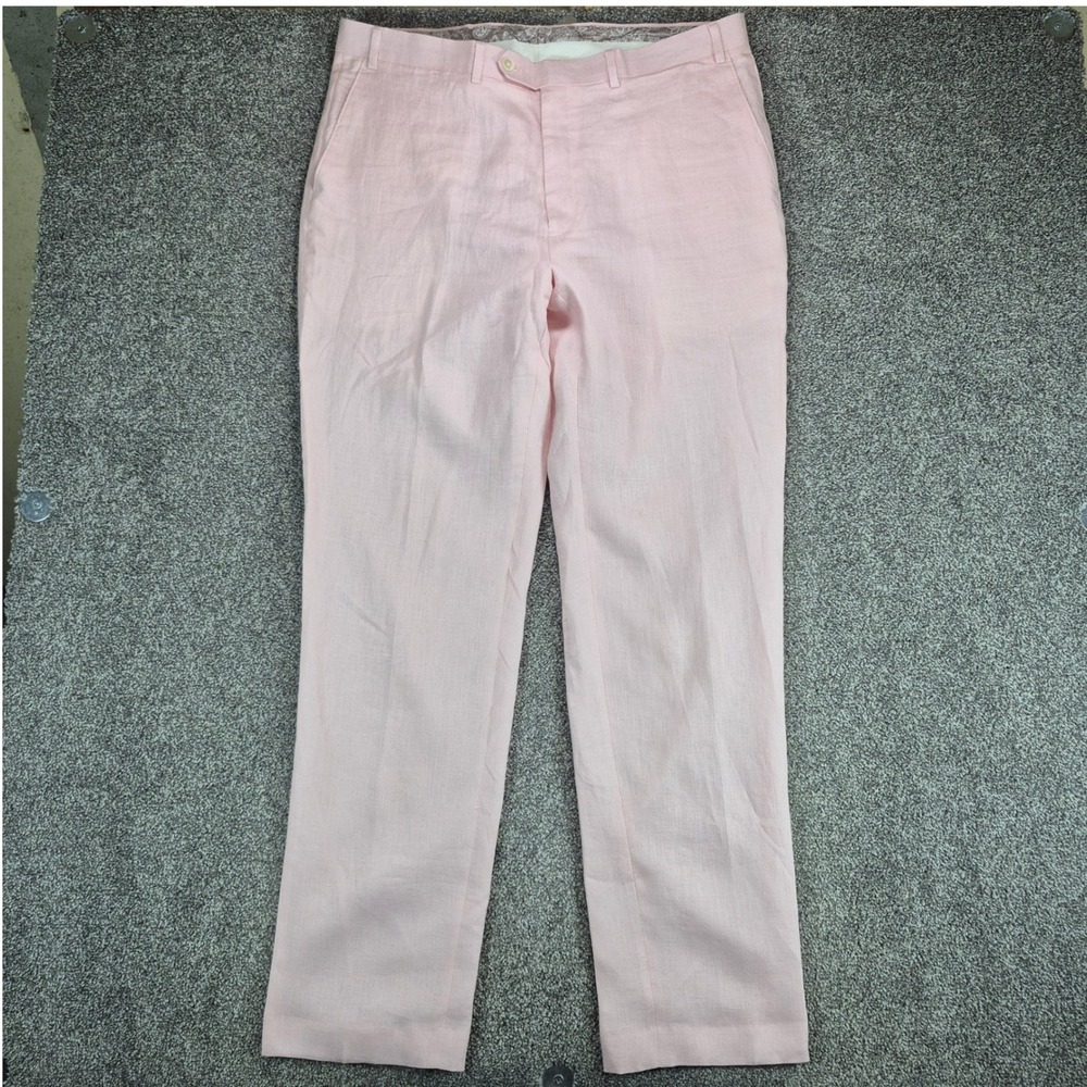 Ralph Lauren 100% Linen Dress Pants Mens 38x34 Pink Flat Front Trousers Lined